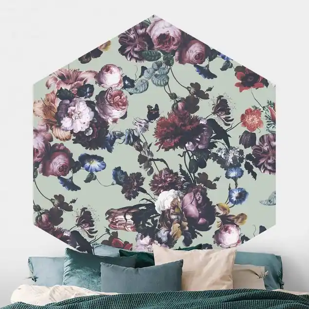Jetzt Bestellen Altmeisterliche Blüten mit Tulpen und Rosen auf Grün Hexagon Mustertapete
