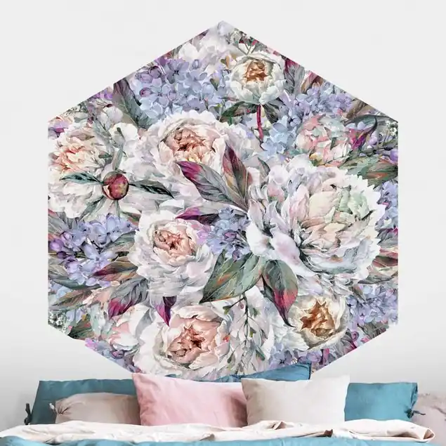 Aquarell Flieder Pfingstrosen Bouquet Hexagon Fototapete Top-Angebot