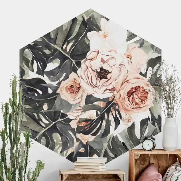Aquarell Monstera Bouquet                               Hexagon Fototapete Sonderangebot