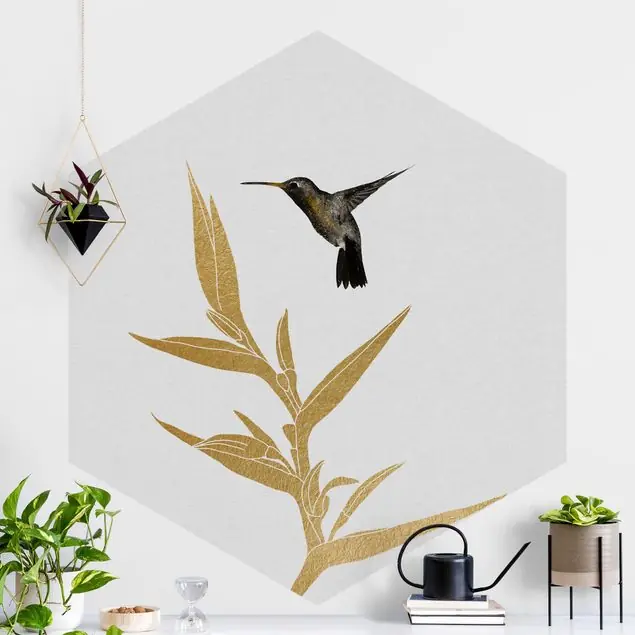 Zertifiziert Kolibri und tropische goldene Blüte II                               Hexagon Fototapete