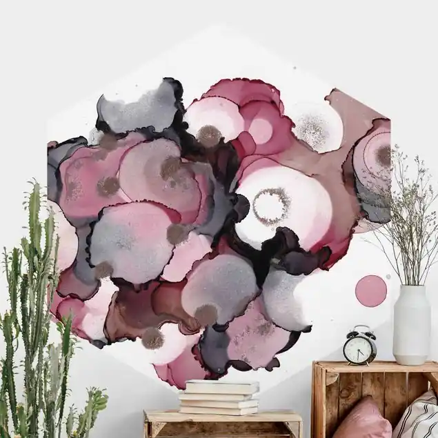 Zertifiziert Pink-Beige Tropfen mit Roségold Hexagon Mustertapete