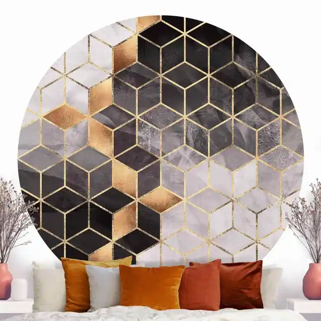 Wochenendangebot Schwarz Weiß goldene Geometrie                               Runde Mustertapete