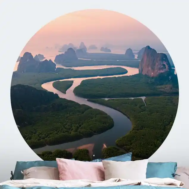 Zertifiziert Flusslandschaft in Thailand Runde Fototapete
