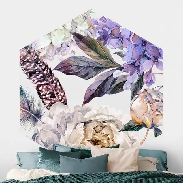 Zertifiziert Zartes Aquarell Boho Blüten und Federn Muster                               Hexagon Fototapete