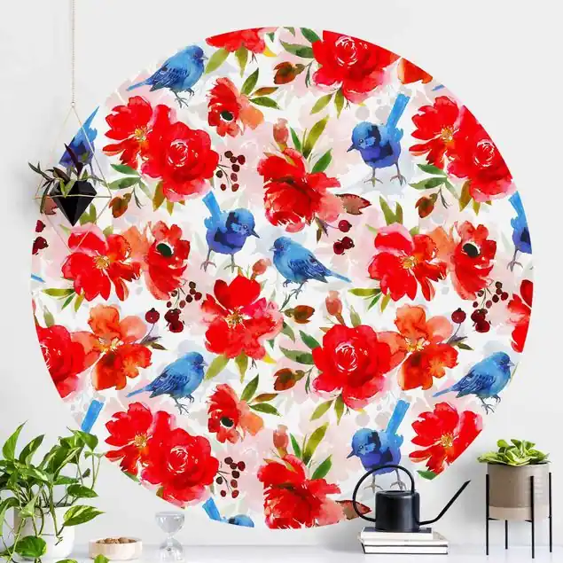 Zertifiziert Aquarellierte Vögel in Blau mit Rosen Runde Mustertapete