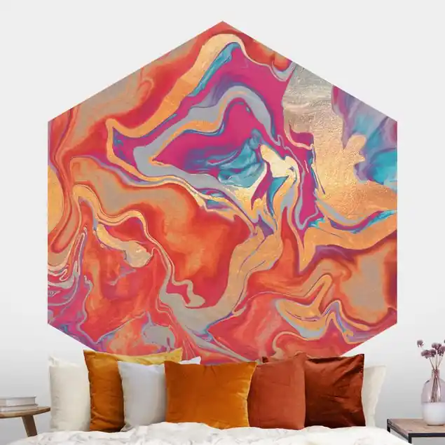 Zertifiziert Spiel der Farben Goldenes Feuer Hexagon Mustertapete