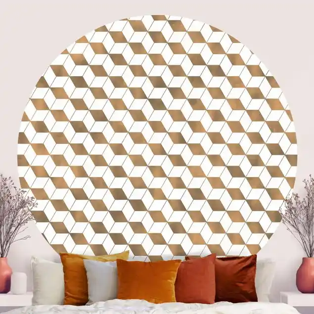 Würfel Muster in 3D Gold                               Runde Mustertapete Top-Seller
