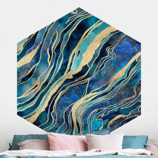 Zertifiziert Edelstein Aquamarin und Gold Hexagon Fototapete