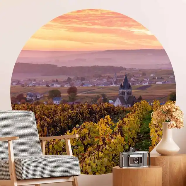 Zertifiziert Weinplantage bei Sonnenuntergang                               Runde Fototapete
