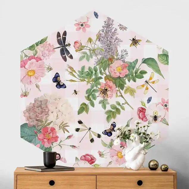 Wochenendangebot Schmetterlinge mit rosa Blumen                               Hexagon Mustertapete