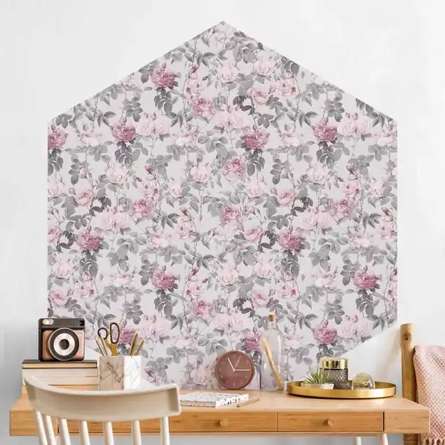 Zertifiziert Rosenblüten auf Rosa                               Hexagon Fototapete