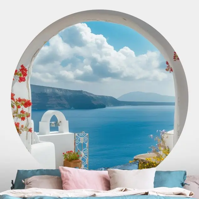 Wochenendangebot Santorini Blick durch Steinbogen                               Runde Tapete selbstklebend