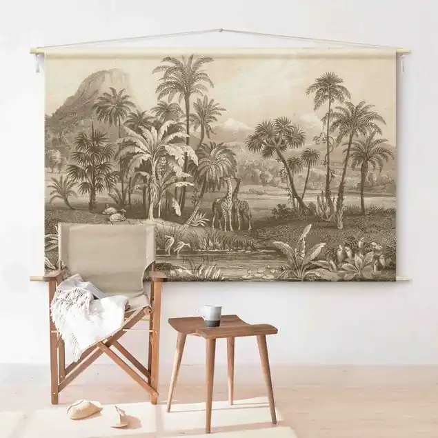 Markenprodukt Tropischer Kupferstich mit Giraffen in Braun                               Wandteppich