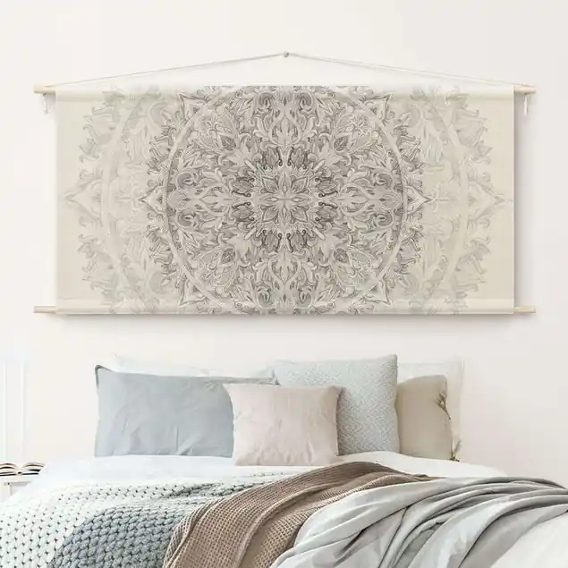 Abverkauf Mandala Aquarell Ornament Muster Schwarz-Weiß Wandteppich