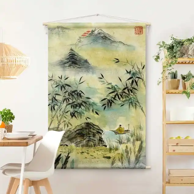 Abverkauf Japanische Aquarell Zeichnung Bambuswald Wandteppich