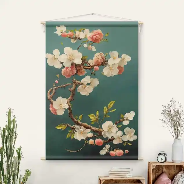 Zweig mit Blüten auf Türkis                               Wandteppich Garantierte Lieferung