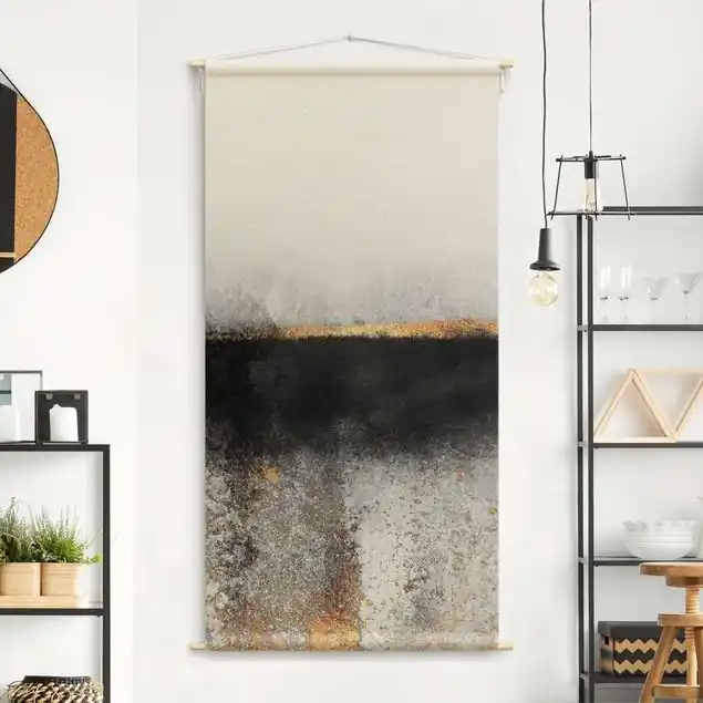 Abstrakter Goldener Horizont Schwarz Weiß Wandteppich Kostenloser Rückversand