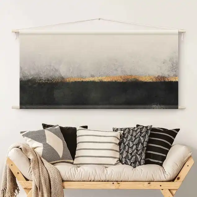 Abstrakter Goldener Horizont Schwarz Weiß Wandteppich Kostenfreie Lieferung