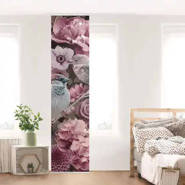 Zertifiziert Blumenparadies Spatzen in Altrosa Schiebegardine