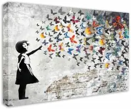 Online Kaufen Leinwandbild Banksy Urban Mädchen mit Schmetterling Grau