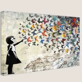 Banksy bunte Mood Bilder Mädchen mit Schmetterling - beige Leinwandbild Expressversand