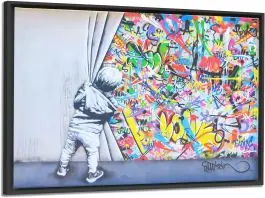 Zertifiziert Banksy Bilder mit Schattenfugenrahmen schwarz - Boy Behind The Curtain
