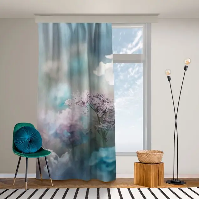 Zarte blaue Wiesenblumen Vorhang – Lichtdämpfender Samt Neue Kollektion