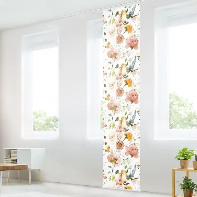 Abverkauf Blumen und Vögel Aquarell Muster Schiebegardine