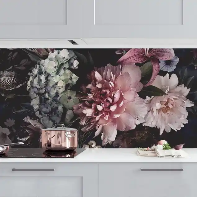 Blumen mit Nebel auf Schwarz Küchenrückwand Finale Aktion