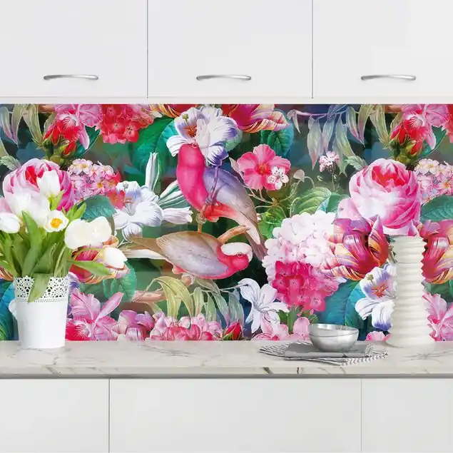 Markenware Bunte Tropische Blumen mit Vögeln Pink I                               Küchenrückwand