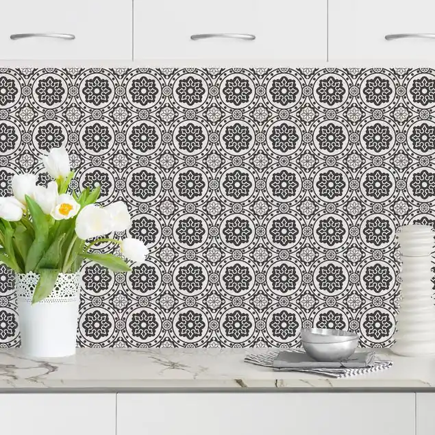 Zertifiziert Florale Fliesen schwarz-weiß Küchenrückwand