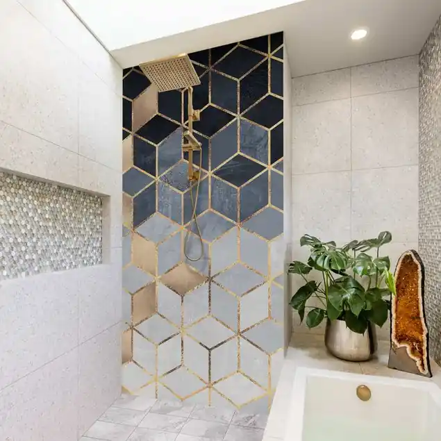 Blau Weiß goldene Geometrie                               Duschrückwand Neue Kollektion