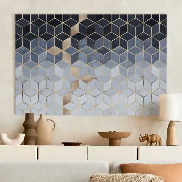 Abverkauf Blau Weiß goldene Geometrie Akustikbild
