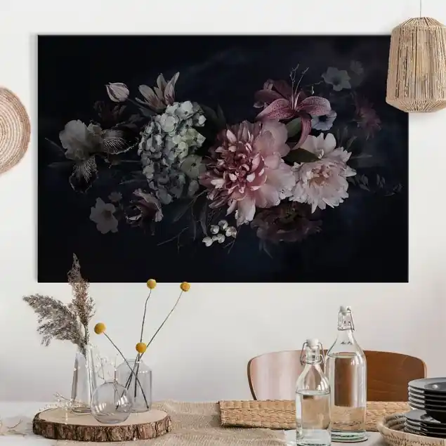 Abverkauf Blumen mit Nebel auf Schwarz Akustikbild
