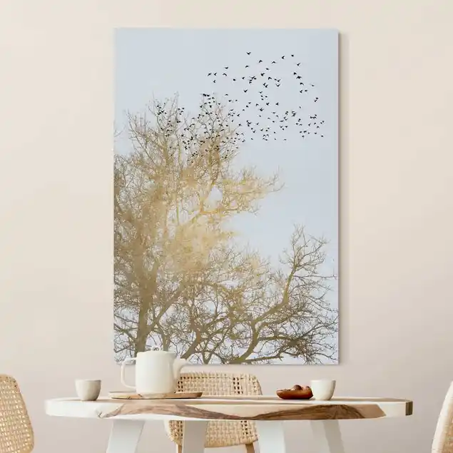 Günstig Vogelschwarm vor goldenem Baum Akustikbild