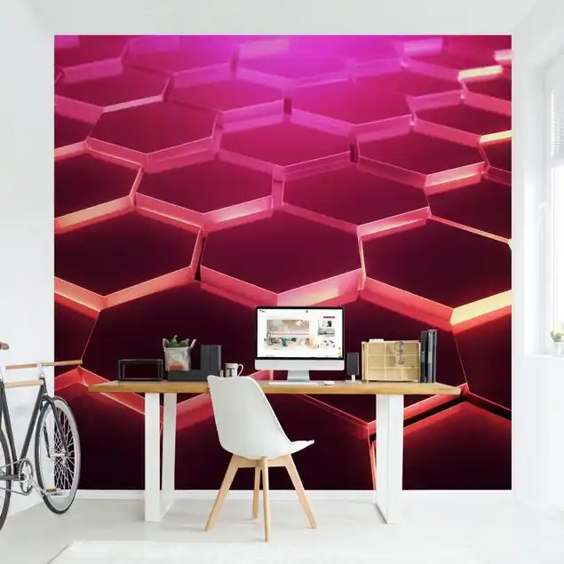 Zertifiziert Hexagone mit Neonlicht in Pink und Rot